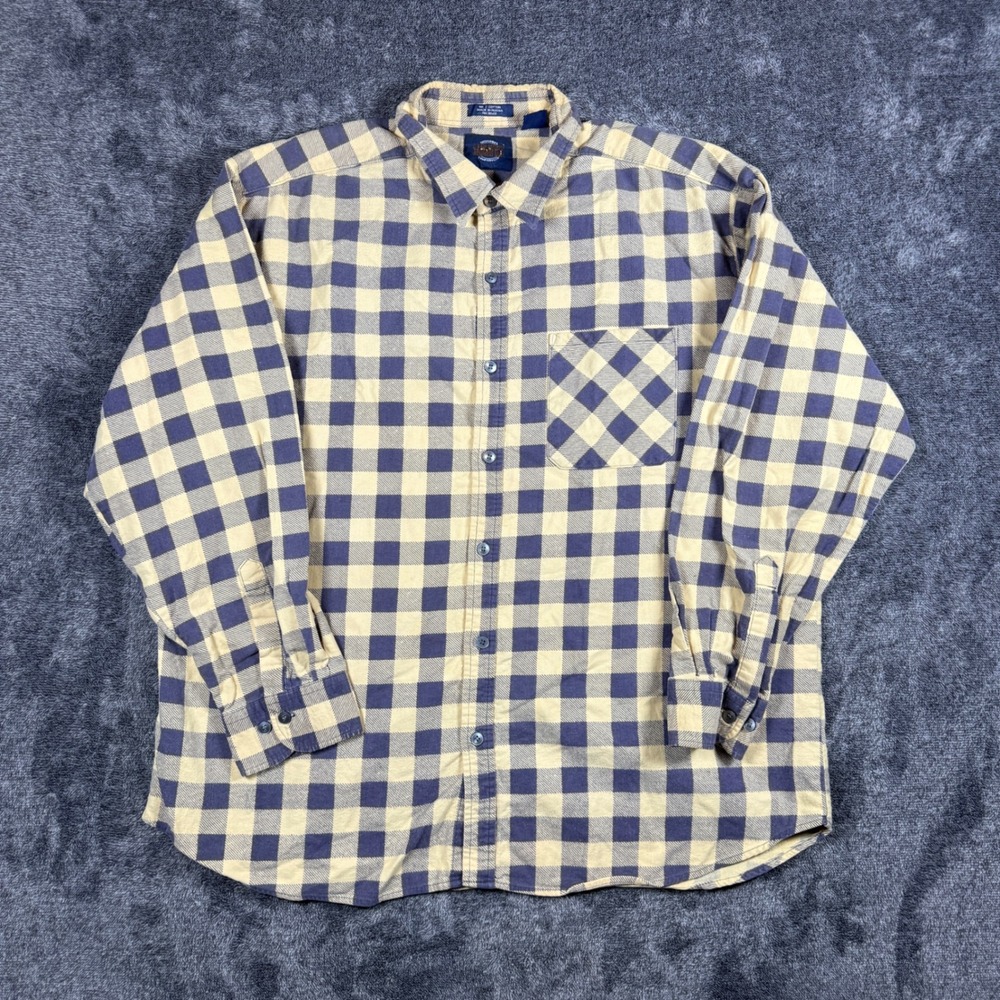 Saugatuck Dry Goods Mens XL Blue Yellow Buffalo Check Cotton Flannel Shirt